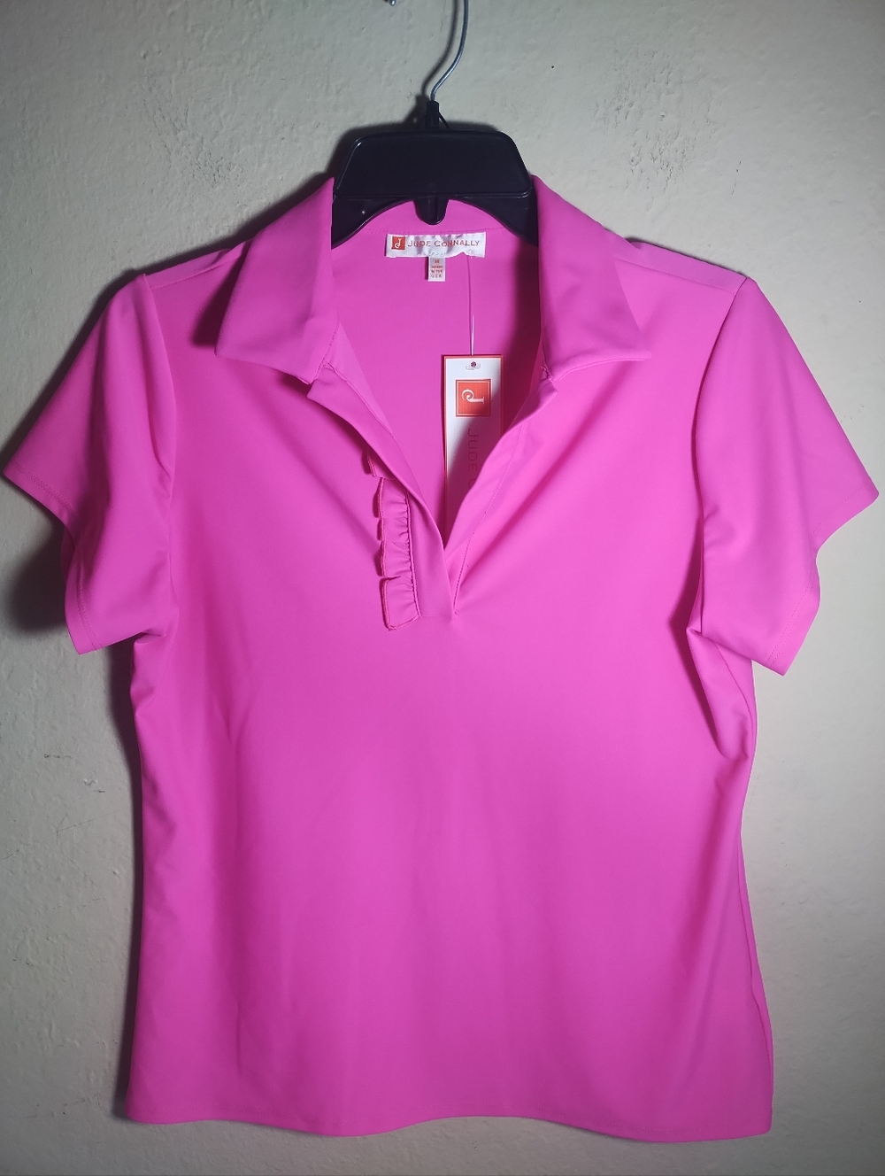 New Jude Connally Top Women M Austin Hot Pink Ruffle Polo Preppy Beach